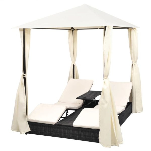 Double Sun Lounger with Curtains Poly Rattan – Black