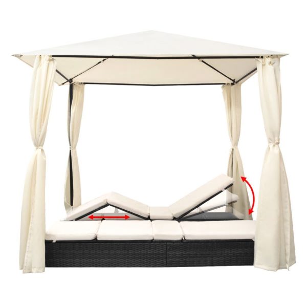 Double Sun Lounger with Curtains Poly Rattan – Black