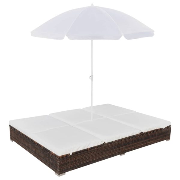 Outdoor Lounge Bed with Umbrella Poly Rattan – Brown