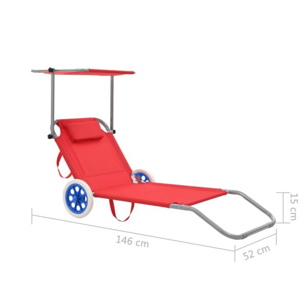Folding Sun Lounger with Canopy and Wheels Steel – Red