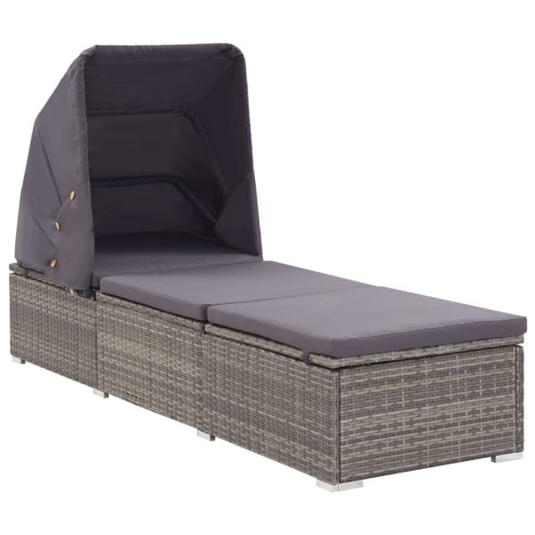 Sun Lounger with Canopy and Cushion Poly Rattan – Grey