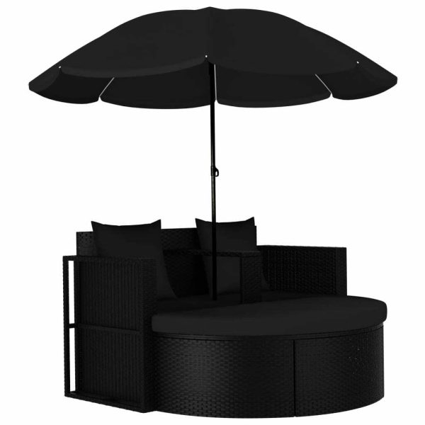 Garden Bed with Parasol Poly Rattan – Black