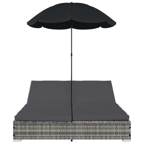 Outdoor Lounge Bed with Umbrella Poly Rattan – Grey