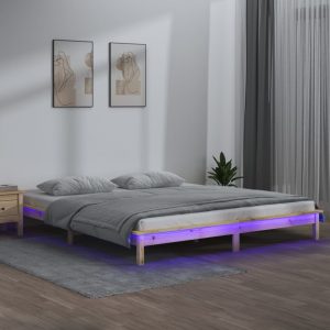 LED Bed Frame Solid Wood – 150×200 cm, Brown