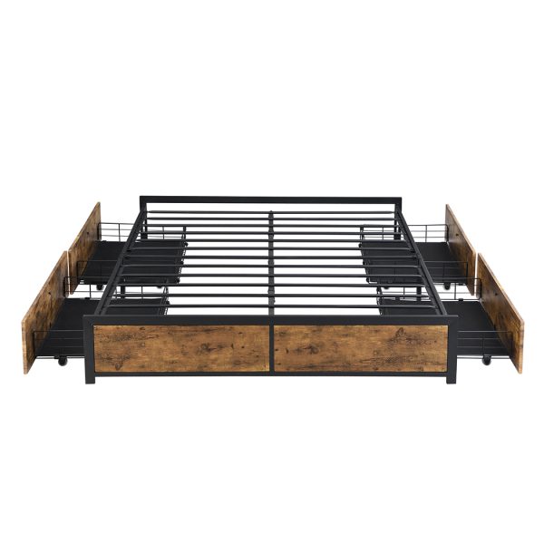 Metal Bed Frame Mattress Base Platform Wooden 4 Drawers