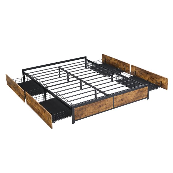 Metal Bed Frame Mattress Base Platform Wooden 4 Drawers