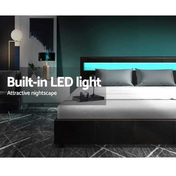 Washpool LED Bed Frame PU Leather Gas Lift Storage – DOUBLE, Black