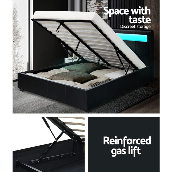 Washpool LED Bed Frame PU Leather Gas Lift Storage – DOUBLE, Black
