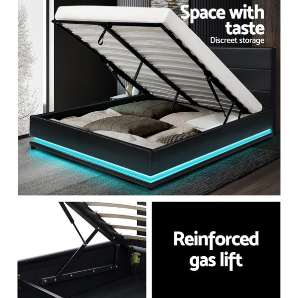 Benda LED Bed Frame PU Leather Gas Lift Storage – DOUBLE, Black