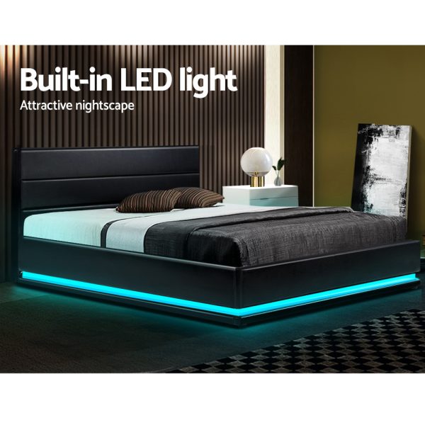 Benda LED Bed Frame PU Leather Gas Lift Storage – DOUBLE, Black