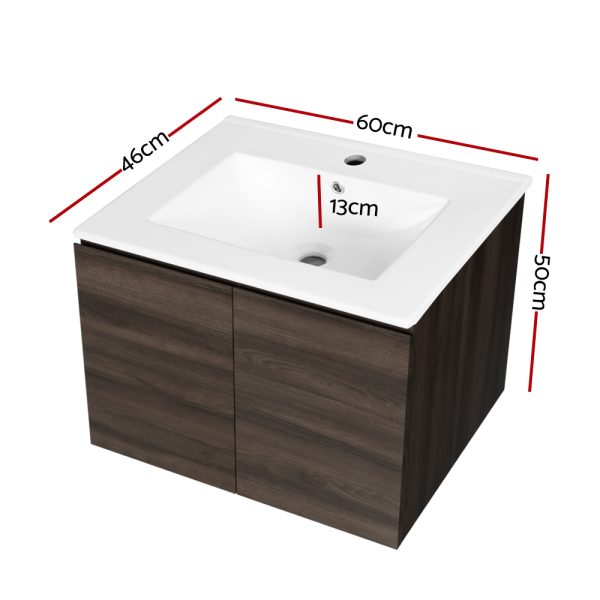 Vanity Unit Basin Cabinet Storage Bathroom Wall Mounted Ceramic 600mm – Walnut