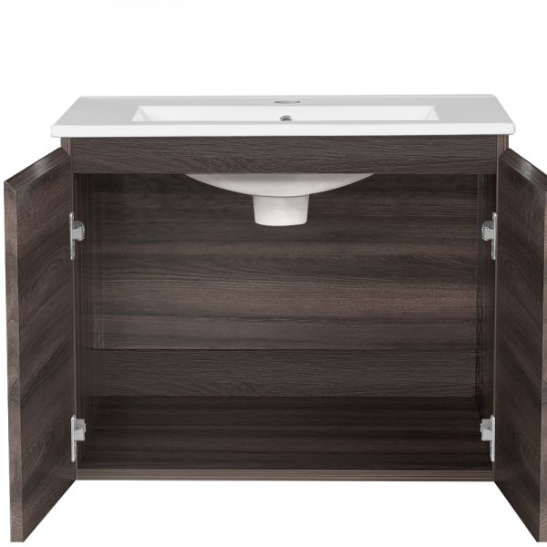 Vanity Unit Basin Cabinet Storage Bathroom Wall Mounted Ceramic 600mm – Walnut