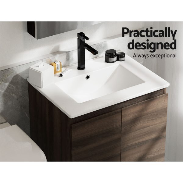 Vanity Unit Basin Cabinet Storage Bathroom Wall Mounted Ceramic 600mm – Walnut