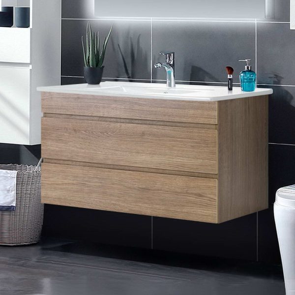 900mm Bathroom Vanity Cabinet Basin Unit Sink Storage Wall Mounted – Oak and White