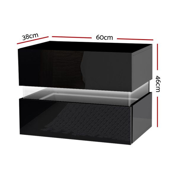 Bexley Bedside Table 2 Drawers RGB LED Side Nightstand High Gloss Cabinet – Black