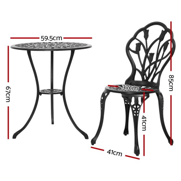 3PC Outdoor Setting Cast Aluminium Bistro Table Chair Patio – Black