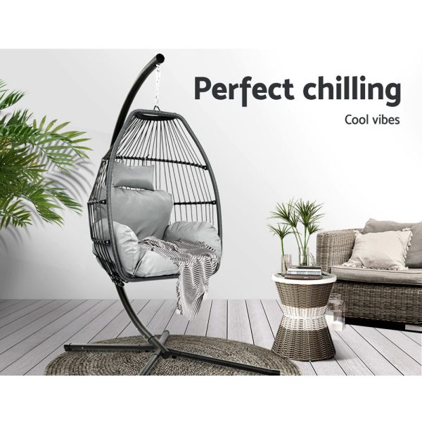 Outdoor Furniture Egg Hammock Hanging Swing Chair Stand Pod Wicker – Grey