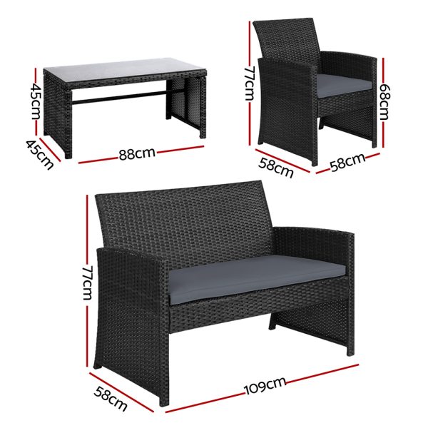 Set of 4 Outdoor Lounge Setting Rattan Patio Wicker Dining Set – Black and Grey, Without Storage Cover