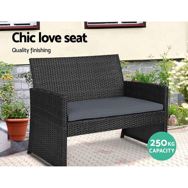 Set of 4 Outdoor Lounge Setting Rattan Patio Wicker Dining Set – Black and Grey, Without Storage Cover