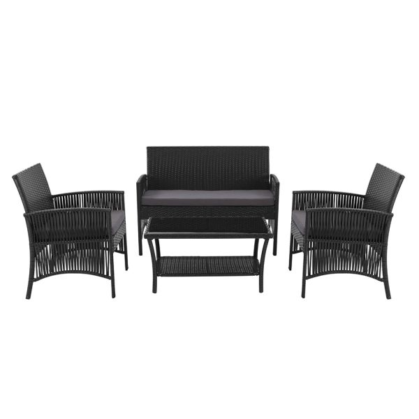 4 PCS Outdoor Furniture Lounge Setting Wicker Dining Set – Black, Without Storage Cover