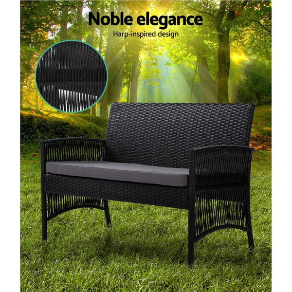 4 PCS Outdoor Furniture Lounge Setting Wicker Dining Set – Black, Without Storage Cover