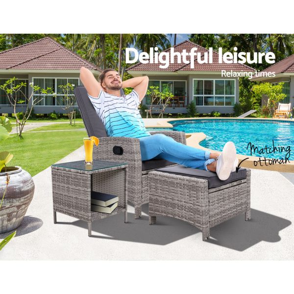 Outdoor Setting Recliner Chair Table Set Wicker lounge Patio Furniture