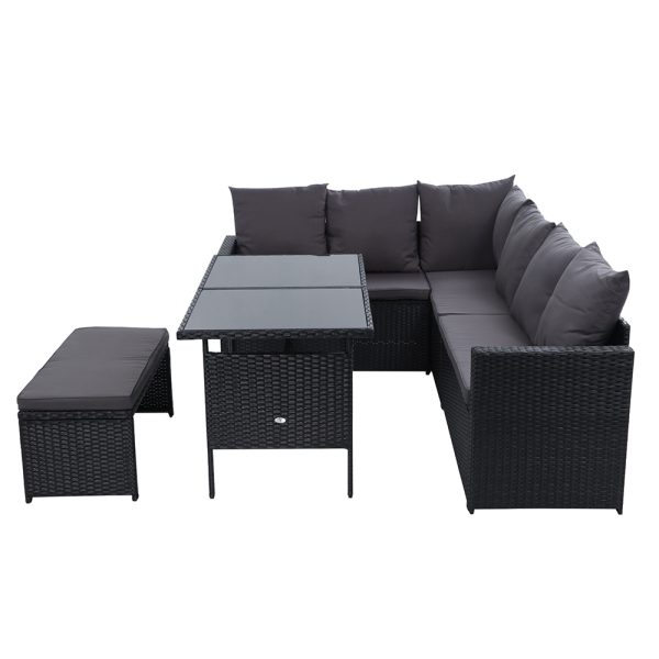 Outdoor Furniture Dining Setting Sofa Set Lounge Wicker 8 Seater – Black and Dark Grey, Without Storage Cover