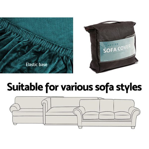 Velvet Sofa Cover Plush Couch Cover Lounge Slipcover – Agate Green, 1 Seater