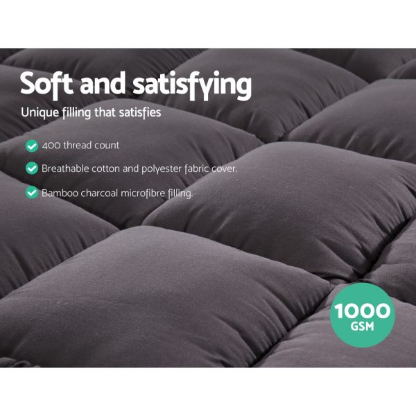Mattress Topper Pillowtop 1000GSM Charcoal Microfibre Bamboo Fibre Filling Protector – SINGLE