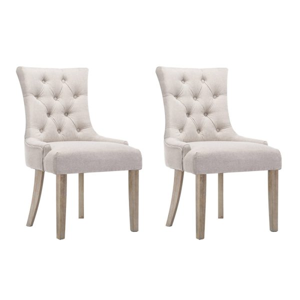 Set of 2 Dining Chair Beige CAYES French Provincial Chairs Wooden Retro Cafe – Cream Beige, Polyester