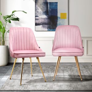 Set of 2 Dining Chairs Retro Chair Cafe Kitchen Modern Metal Legs Velvet – Pink