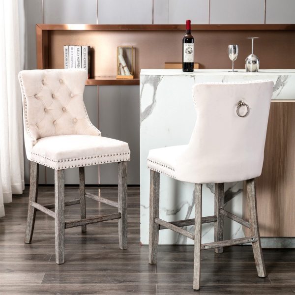 2X Velvet Bar Stools with Studs Trim Wooden Legs Tufted Dining Chairs Kitchen – Beige