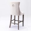 2X Velvet Bar Stools with Studs Trim Wooden Legs Tufted Dining Chairs Kitchen – Beige