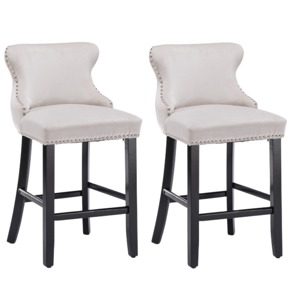 2x Velvet Upholstered Button Tufted Bar Stools with Wood Legs and Studs – Beige