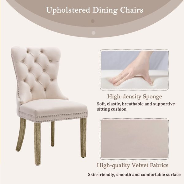 2x Velvet Dining Chairs Upholstered Tufted Kithcen Chair with Solid Wood Legs Stud Trim and Ring – Beige