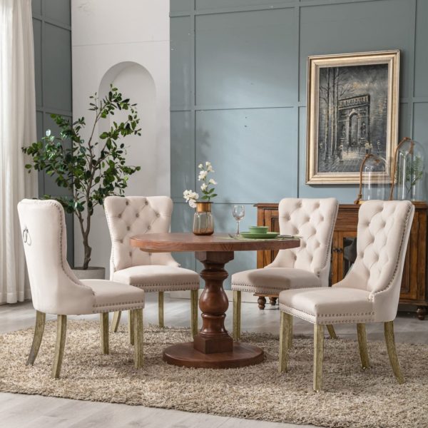 2x Velvet Dining Chairs Upholstered Tufted Kithcen Chair with Solid Wood Legs Stud Trim and Ring