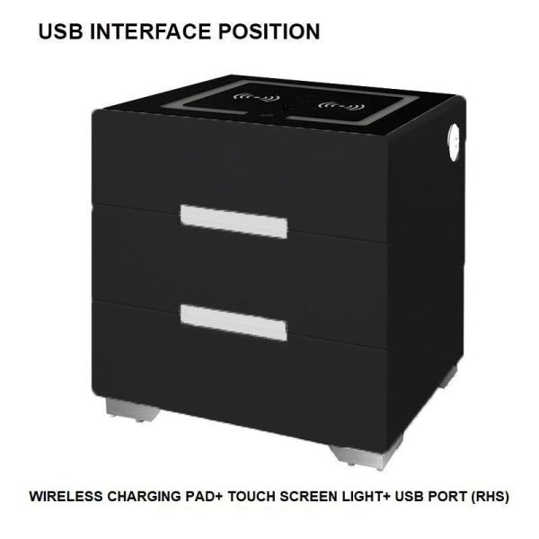 Wembley Smart Bedside Tables Side 3 Drawers Wireless Charging USB Nightstand LED Light AU Black – Black, Left Side