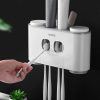Ecoco Wall-Mounted Toothbrush Holder with 2 Toothpaste Dispensers 4 Cups and 5 Toothbrush Slots Toiletries Bathroom Storage Rack – Grey