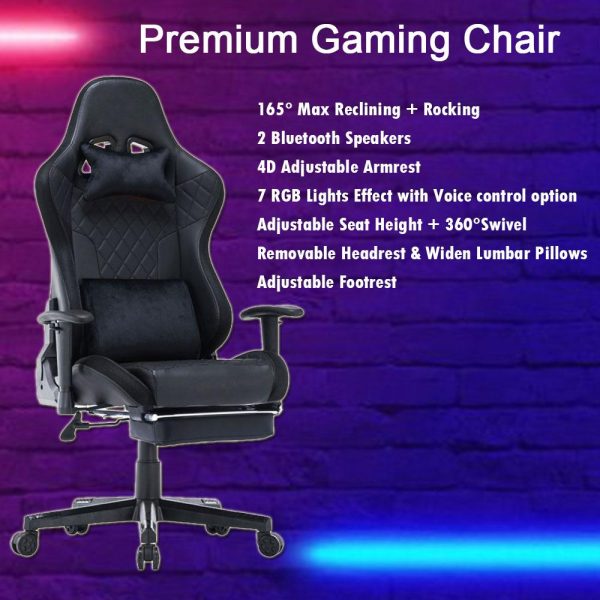 7 RGB Lights Bluetooth Speaker Gaming Chair Ergonomic Racing chair 165° Reclining Gaming Seat 4D Armrest Footrest