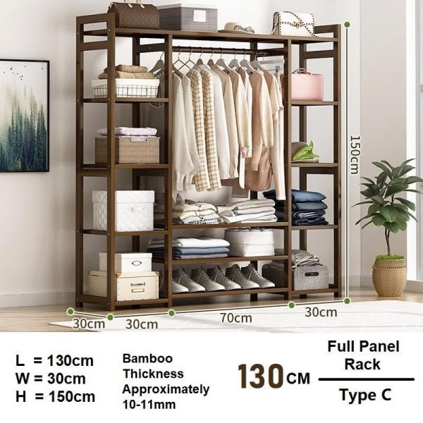Bamboo Clothes Rack Garment Closet Storage Organizer Hanging Rail Shelf Dress room – 130x30x150 cm