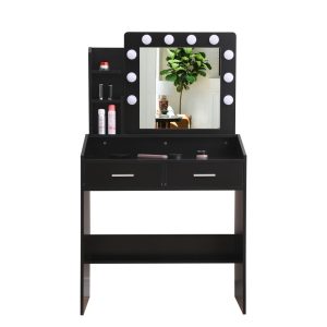 Diana Vanity Set with Shelves Cushioned Stool and Lighted Mirror – Black