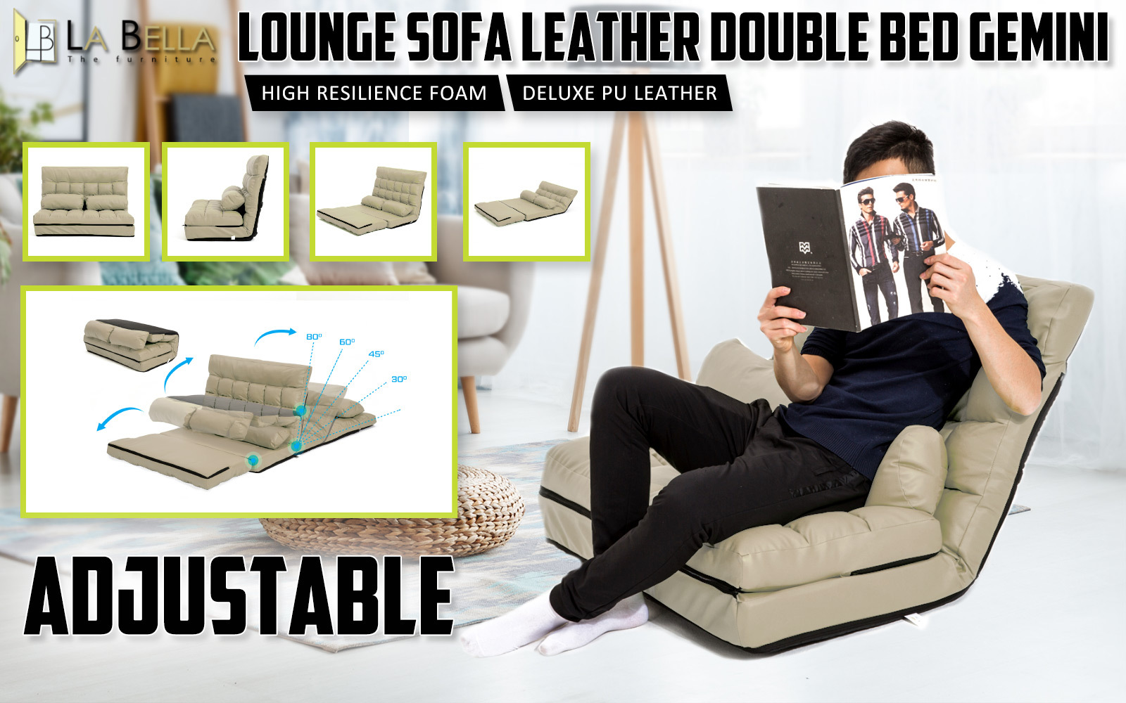 La Bella Double Seat Couch Bed Sofa Gemini Leather
