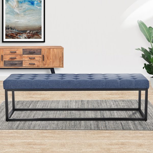 Cameron Button-Tufted Upholstered Bench with Metal Legs – Blue