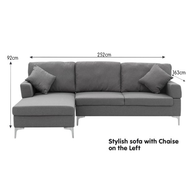 Terrytown Linen Corner Sofa Couch Lounge L-shape with Chaise – Dark Grey, Right Chaise