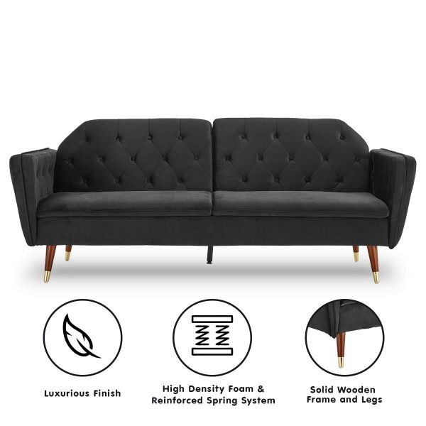 Perkiomen Faux Velvet Tufted Sofa Bed Couch Futon – Black