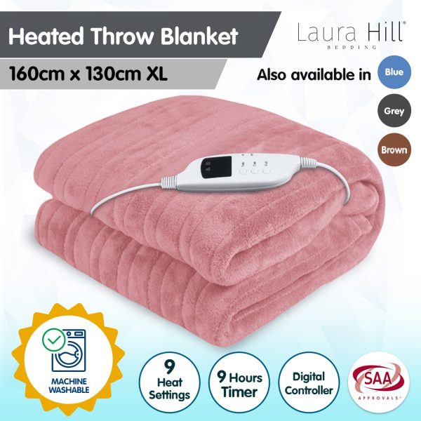Laura Hill Heated Electric Blanket Throw Rug Coral Warm Fleece – Pink
