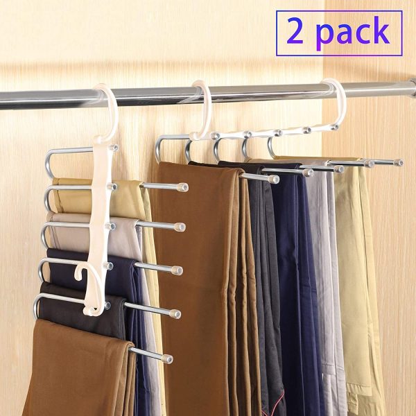 2 Pack Adjustable Multi-Layer Pants Hanger for Wardrobe and Home Storage (White) – 5 in 1