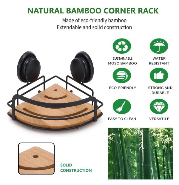 2 Pack Bamboo Corner Shower Caddy Shelf Basket Rack with Premium Vacuum Suction Cup No-Drilling for Bathroom and Kitchen – Round