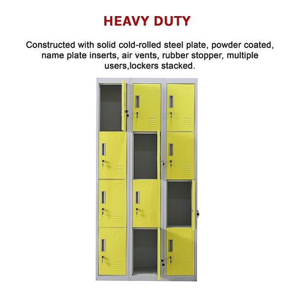 12-Door Locker for Office Gym Shed School Home Storage – Yellow, Standard Lock