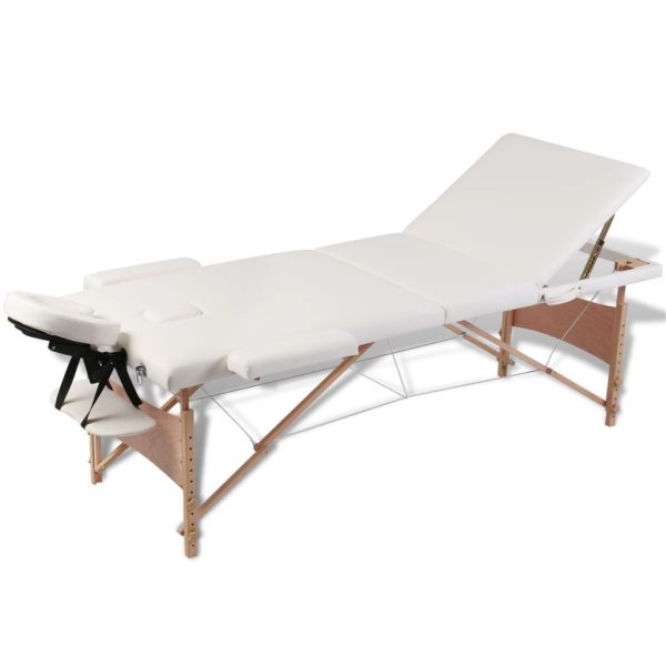 Foldable Massage Table 3 Zones with Wooden Frame – Cream White
